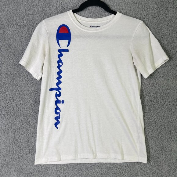 Champion Tee Large White Blue Basic Top Short Sleeves - Picture 1 of 9
